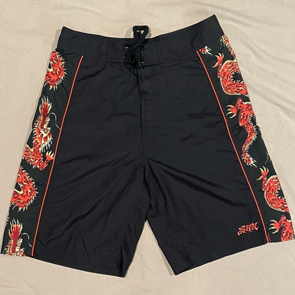 Y2K Vintage SRH Black Dragon Print Swim Shorts Size 32